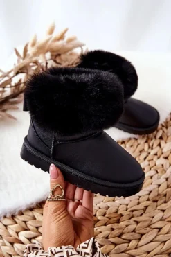 Boto Skórzane Dziecięce Botki Śniegowce Z Futerkiem Czarne Madie