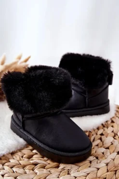 Boto Skórzane Dziecięce Botki Śniegowce Z Futerkiem Czarne Madie