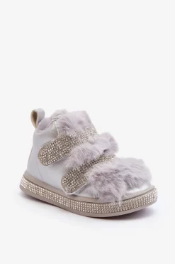 Sale Skórzane Dziecięce Śniegowce Ocieplane Srebrne Leela Dzieci Dziewczęce