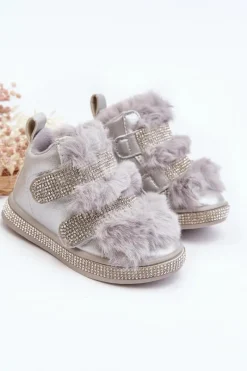 Sale Skórzane Dziecięce Śniegowce Ocieplane Srebrne Leela Dzieci Dziewczęce