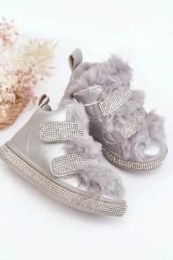 Sale Skórzane Dziecięce Śniegowce Ocieplane Srebrne Leela Dzieci Dziewczęce