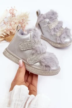 Sale Skórzane Dziecięce Śniegowce Ocieplane Srebrne Leela Dzieci Dziewczęce