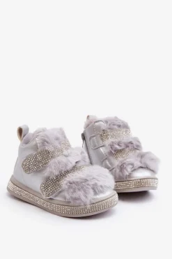 Sale Skórzane Dziecięce Śniegowce Ocieplane Srebrne Leela Dzieci Dziewczęce