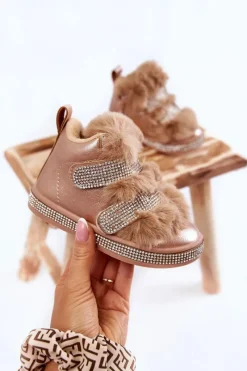 Dziewczęce>Boto Skórzane Dziecięce Śniegowce Ocieplane Złote Leela