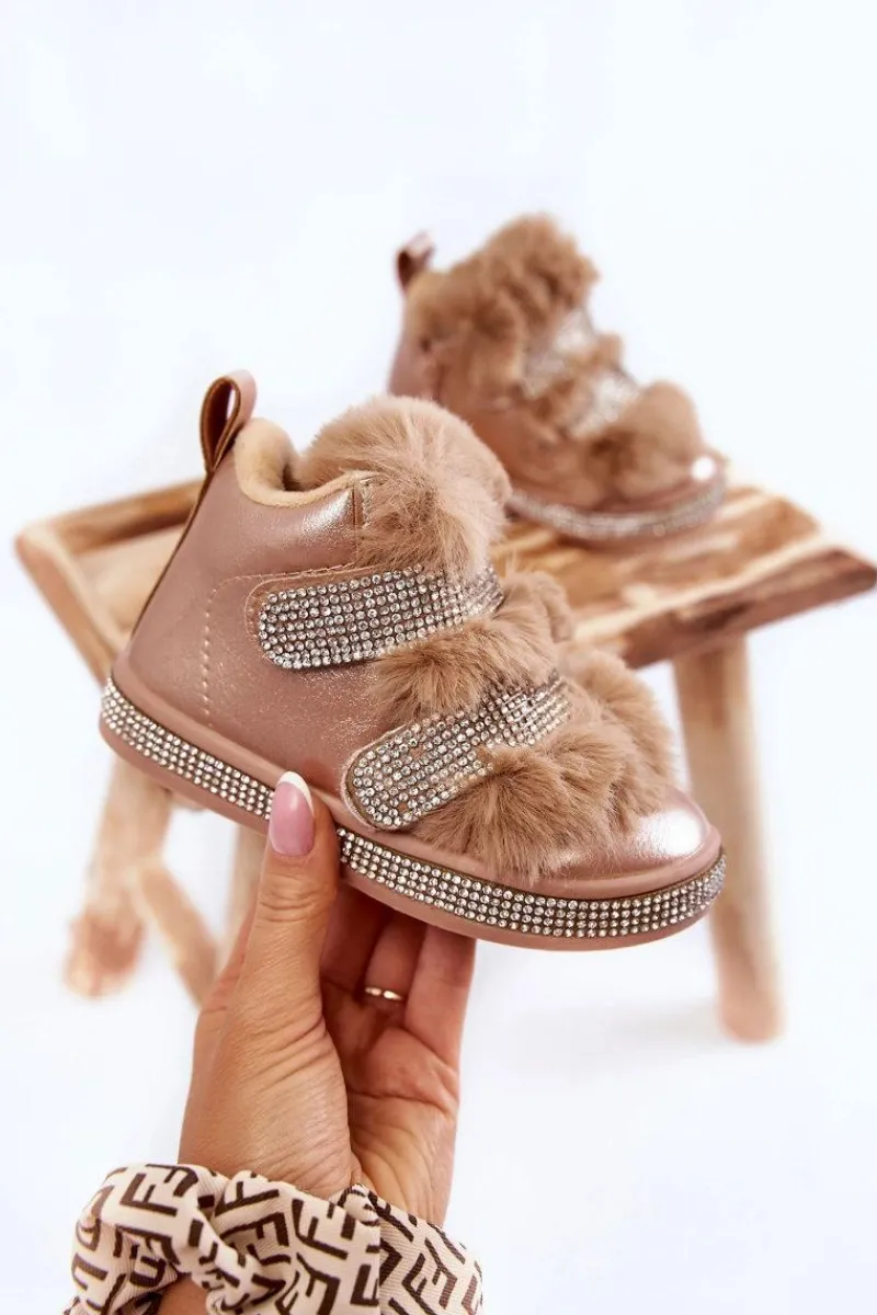 Dziewczęce>Boto Skórzane Dziecięce Śniegowce Ocieplane Złote Leela