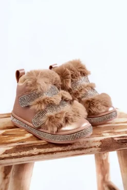 Dziewczęce>Boto Skórzane Dziecięce Śniegowce Ocieplane Złote Leela