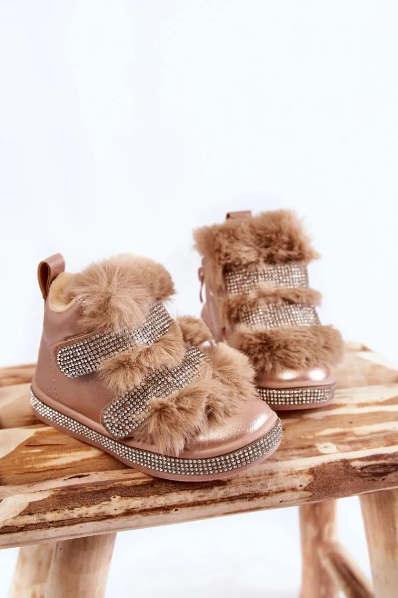 Dziewczęce>Boto Skórzane Dziecięce Śniegowce Ocieplane Złote Leela