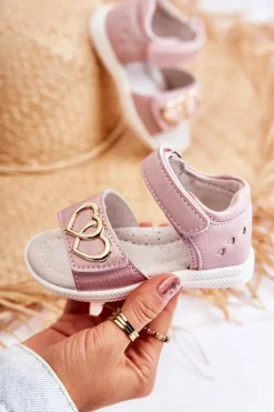 Dziewczęce>Evento Skórzane Dziecięce Sandałki Na Rzepy Różowe Catia