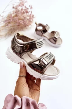 Discount Skórzane Dziecięce Sandały Na Rzepy Ciemnozłote Amoss Dzieci Dziewczęce