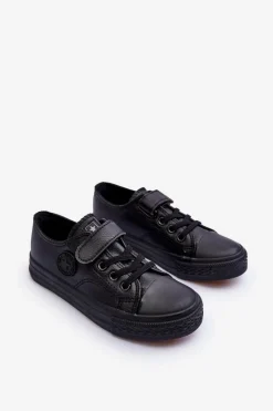 New Skórzane Dziecięce Trampki Na Rzep Czarne Delmara Dzieci Chłopięce|Dziewczęce