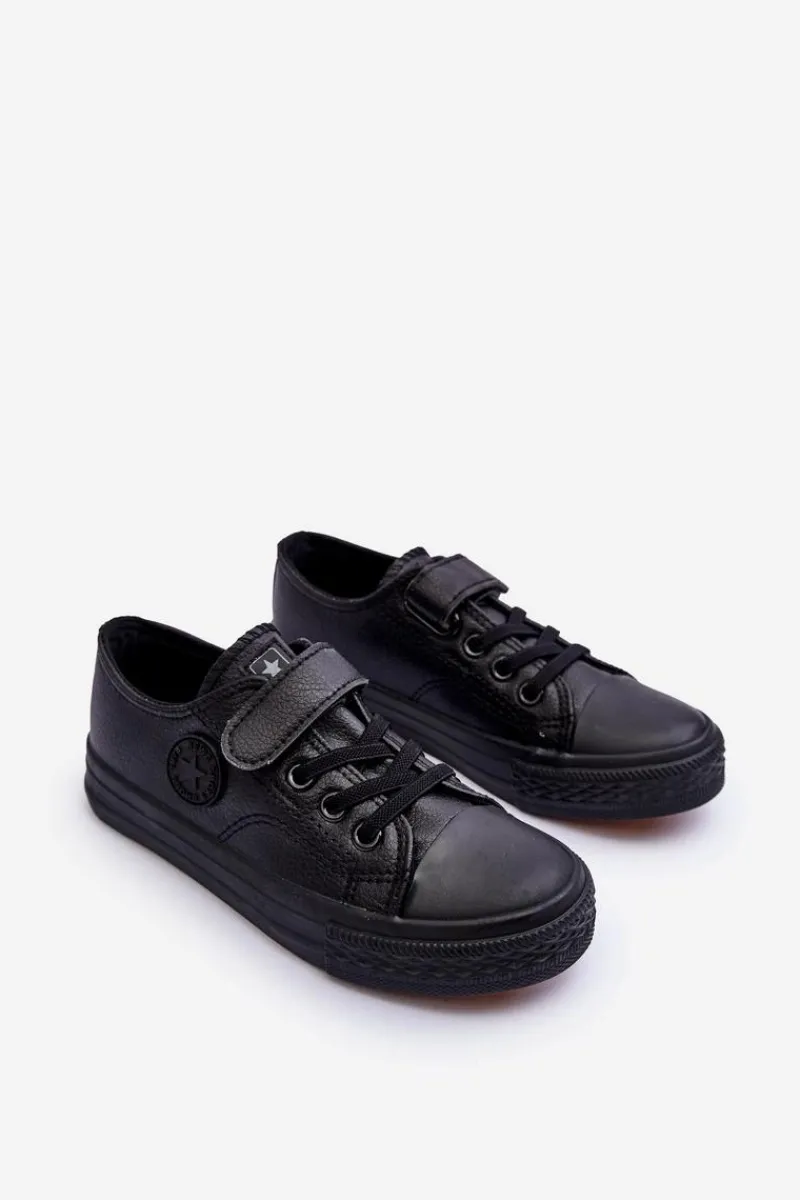 New Skórzane Dziecięce Trampki Na Rzep Czarne Delmara Dzieci Chłopięce|Dziewczęce