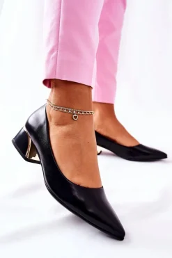 Czółenka Na Słupku>Damskie buty S.Barski Skórzane Eleganckie Czółenka Czarne Samira