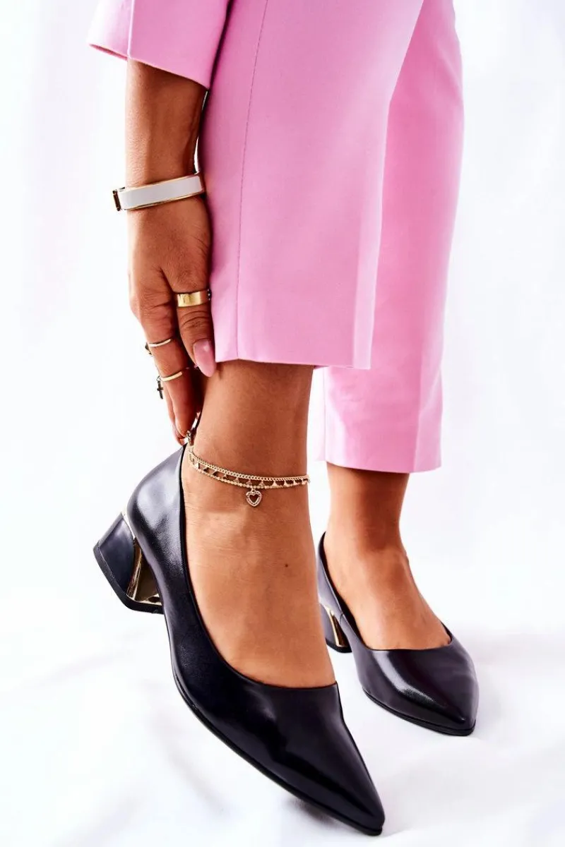 Czółenka Na Słupku>Damskie buty S.Barski Skórzane Eleganckie Czółenka Czarne Samira