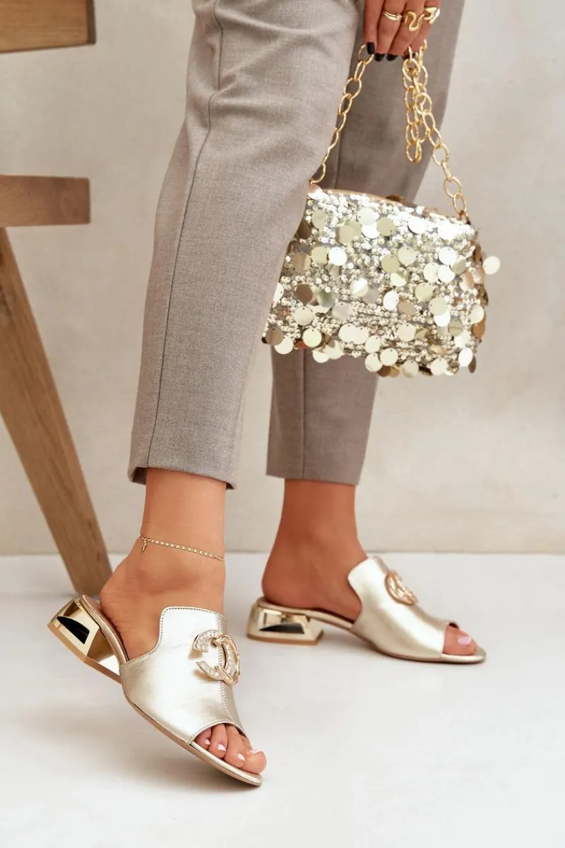 Klapki Na Obcasie|Klapki Damskie Klasyczne>Laura Messi Skórzane Eleganckie Klapki Damskie Na Niskim Obcasie 2874 Złote