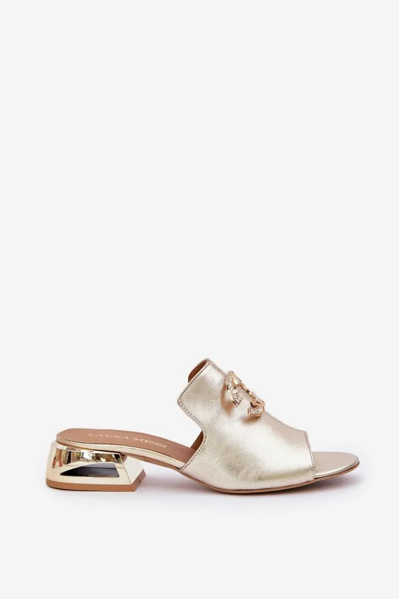 Klapki Na Obcasie|Klapki Damskie Klasyczne>Laura Messi Skórzane Eleganckie Klapki Damskie Na Niskim Obcasie 2874 Złote