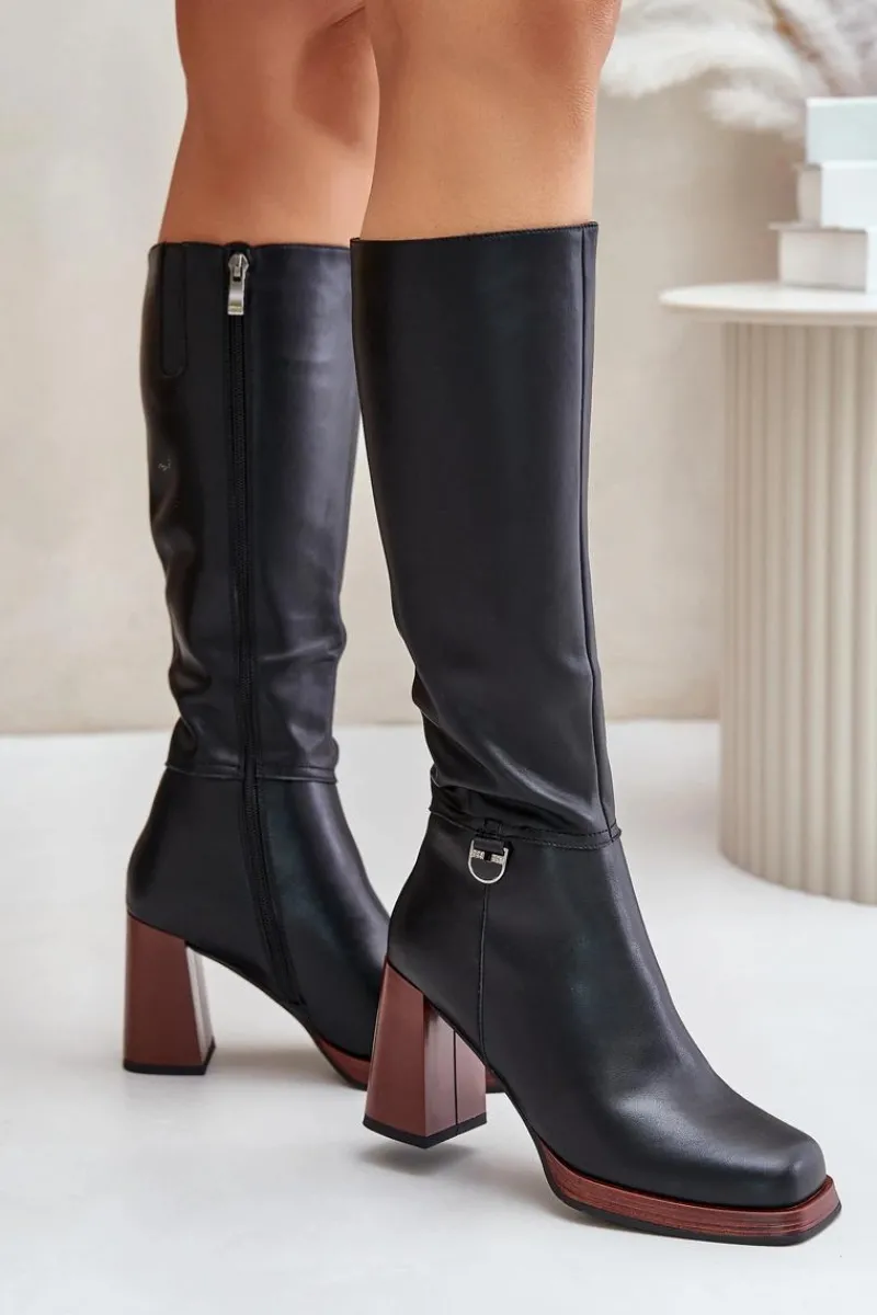 Kozaki Na Obcasie|Kozaki Przed Kolano>Damskie buty S.Barski Skórzane Eleganckie Kozaki Na Słupku Ocieplane D&A JC42-39 Czarne