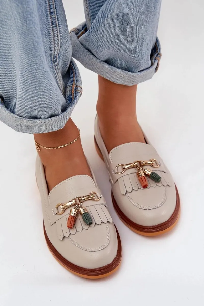 Clearance Skórzane Eleganckie Mokasyny Na Płaskim Obcasie S.Barski LR51-768 Beżowe Damskie Mokasyny Damskie Lakierowane