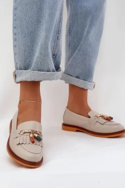 Clearance Skórzane Eleganckie Mokasyny Na Płaskim Obcasie S.Barski LR51-768 Beżowe Damskie Mokasyny Damskie Lakierowane