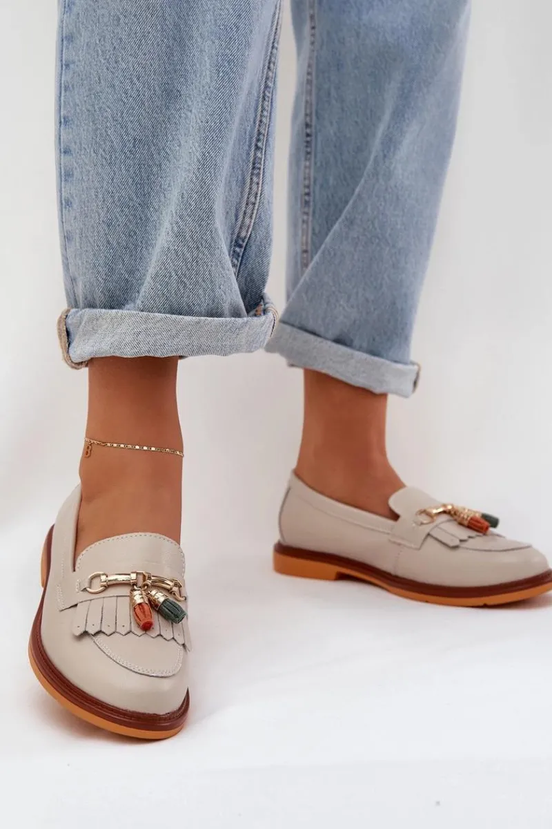 Clearance Skórzane Eleganckie Mokasyny Na Płaskim Obcasie S.Barski LR51-768 Beżowe Damskie Mokasyny Damskie Lakierowane