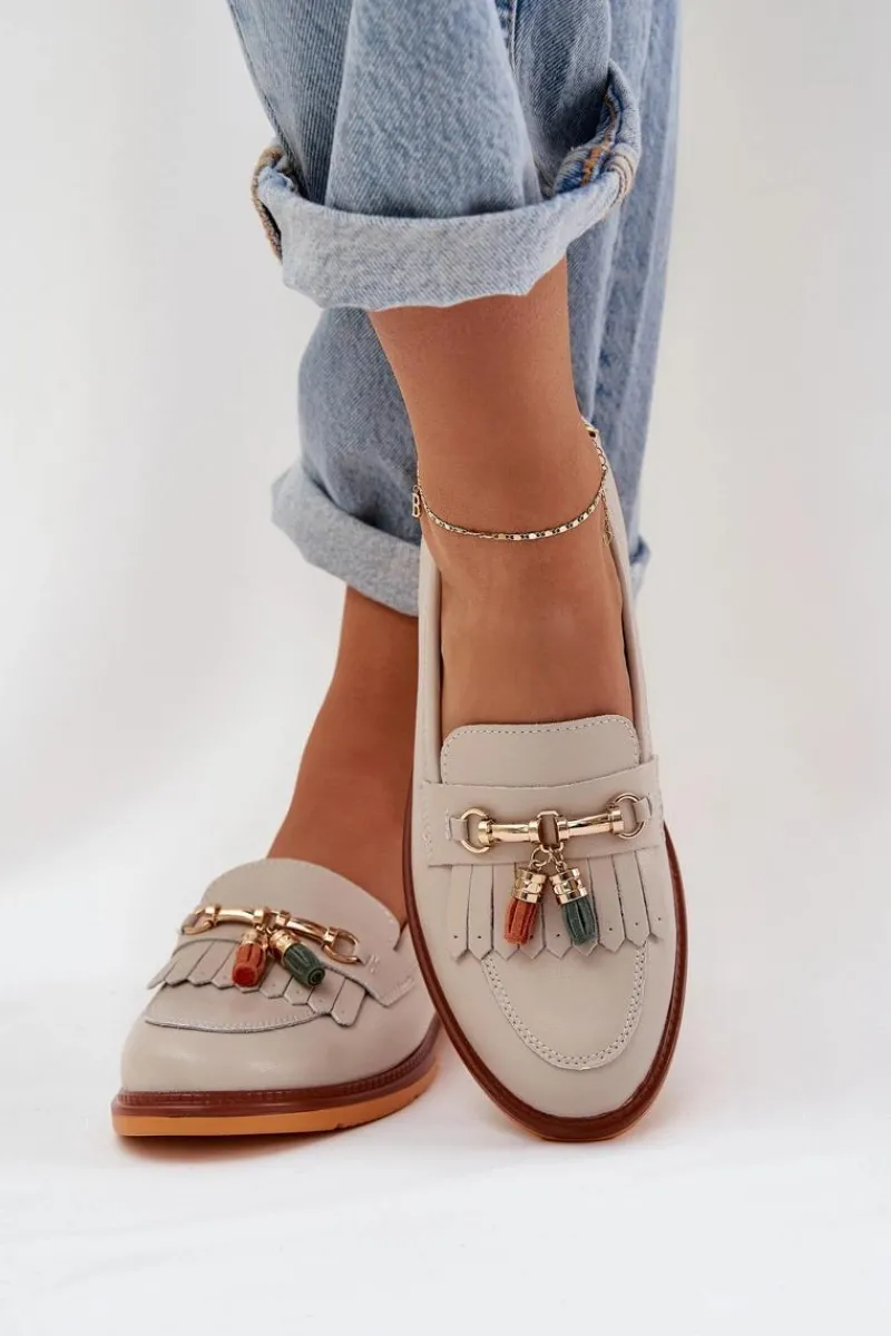 Clearance Skórzane Eleganckie Mokasyny Na Płaskim Obcasie S.Barski LR51-768 Beżowe Damskie Mokasyny Damskie Lakierowane