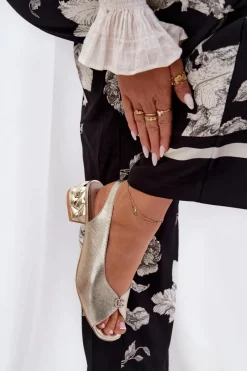 Clearance Skórzane Eleganckie Sandały Damskie 4724 Złote Damskie Sandały Na Obcasie