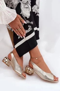 Clearance Skórzane Eleganckie Sandały Damskie 4724 Złote Damskie Sandały Na Obcasie