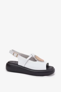 Best Skórzane Eleganckie Sandały Damskie S.Barski GR51-603 Białe Damskie Sandały Z Cholewką|Sandały Na Koturnie