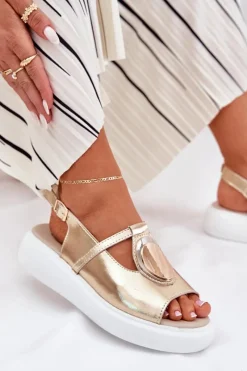 Outlet Damskie buty S.Barski Skórzane Eleganckie Sandały Damskie S.Barski GR51-603 Złote