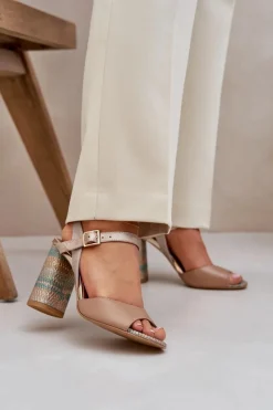 Sandały Na Słupku|Sandały Na Obcasie>Laura Messi Skórzane Eleganckie Sandały Na Słupku 2136 Ciemnobeżowe Beżowy