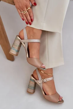 Sandały Na Słupku|Sandały Na Obcasie></noscript>Laura Messi Skórzane Eleganckie Sandały Na Słupku 2136 Ciemnobeżowe Beżowy