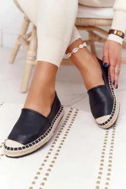 Czarne Espadryle>Big Star Shoes Skórzane Espadryle Na Plecionej Podeszwie Big Star HH274505 Czarne