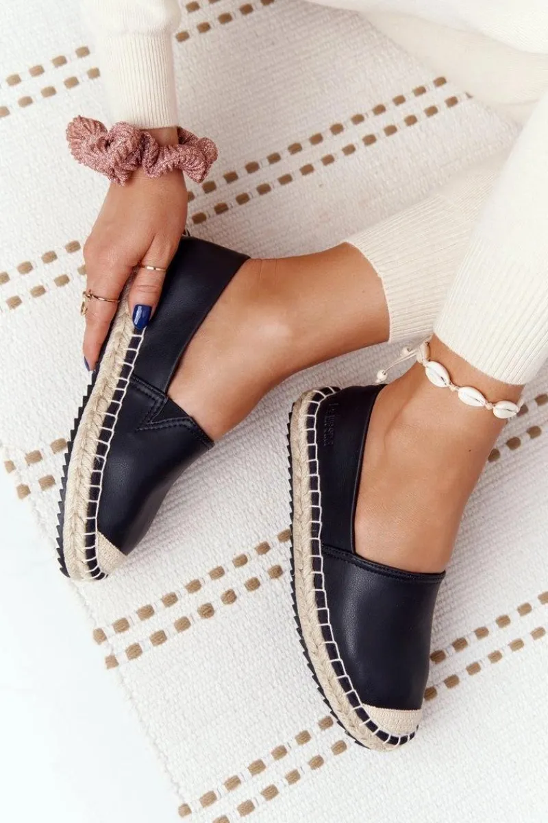 Czarne Espadryle>Big Star Shoes Skórzane Espadryle Na Plecionej Podeszwie Big Star HH274505 Czarne