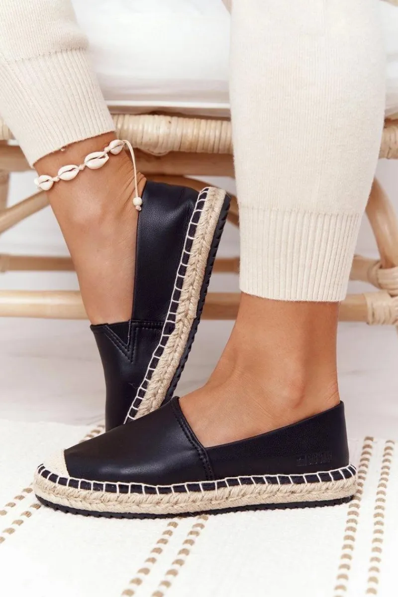 Czarne Espadryle>Big Star Shoes Skórzane Espadryle Na Plecionej Podeszwie Big Star HH274505 Czarne