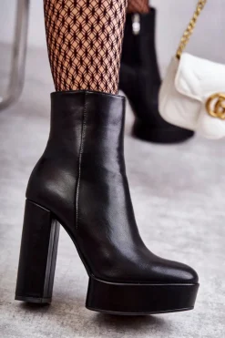 Discount Skórzane Gładkie Botki Na Słupku Czarne Kaysa Damskie Botki Ocieplane|Botki Na Słupku