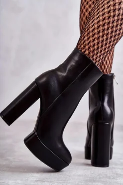 Discount Skórzane Gładkie Botki Na Słupku Czarne Kaysa Damskie Botki Ocieplane|Botki Na Słupku