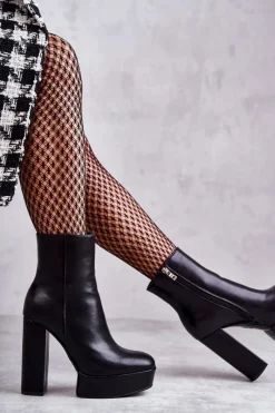 Discount Skórzane Gładkie Botki Na Słupku Czarne Kaysa Damskie Botki Ocieplane|Botki Na Słupku