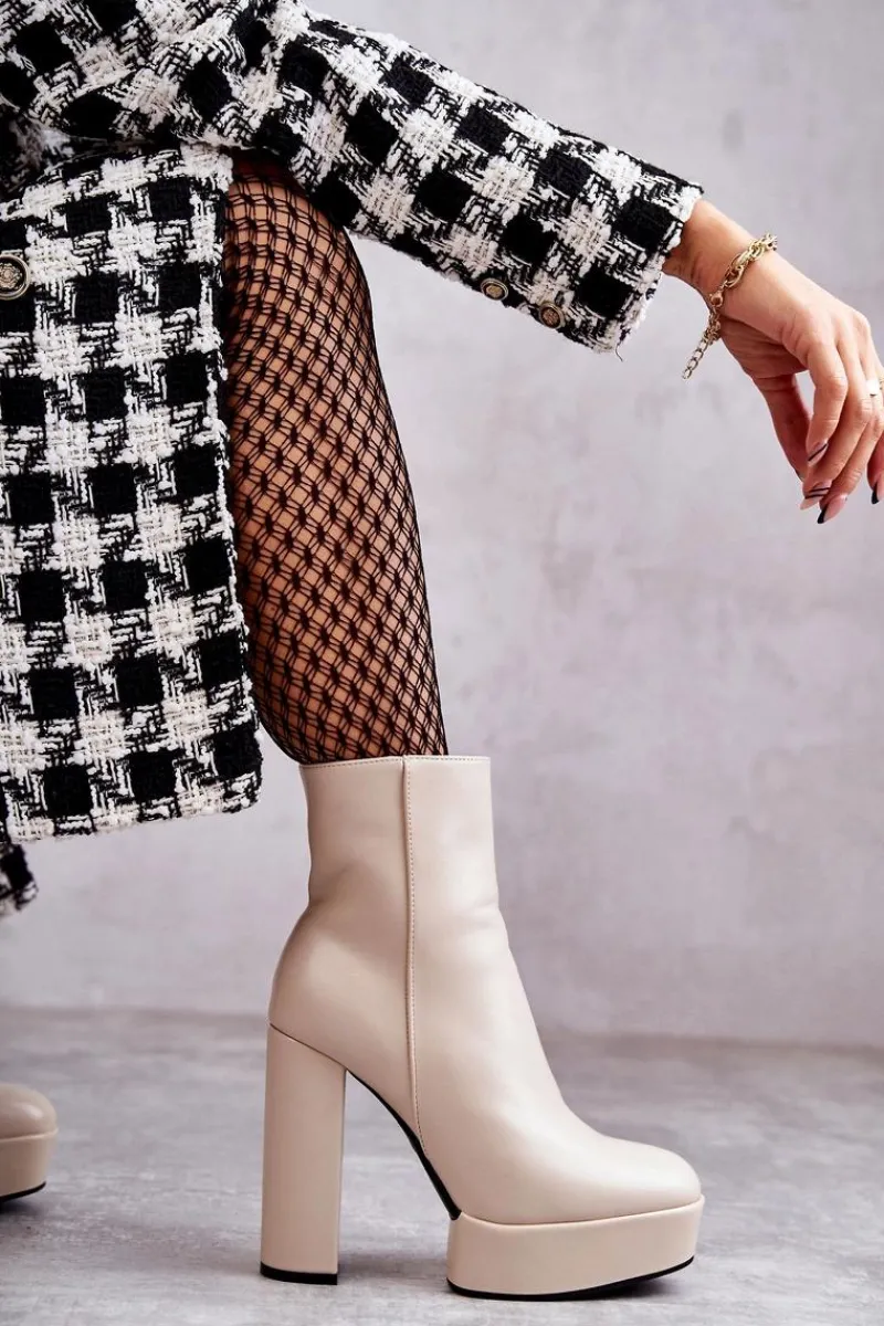 Online Skórzane Gładkie Botki Na Słupku Beżowe Kaysa Damskie Botki Ocieplane|Botki Na Słupku