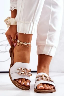 Hot Skórzane Klapki Łańcuch Lewski 3052 Białe Damskie Klapki Damskie Klasyczne