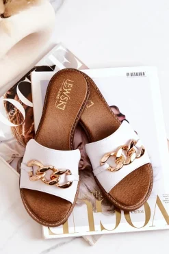 Hot Skórzane Klapki Łańcuch Lewski 3052 Białe Damskie Klapki Damskie Klasyczne