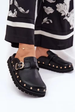 Klapki Damskie Big Star|Klapki Na Platformie>Big Star Shoes Skórzane Klapki Chodaki Damskie Na Platformie Big Star RR274A378 Czarne Czarny