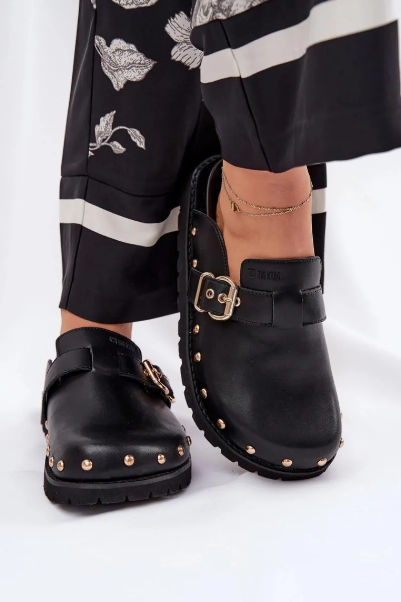 Klapki Damskie Big Star|Klapki Na Platformie>Big Star Shoes Skórzane Klapki Chodaki Damskie Na Platformie Big Star RR274A378 Czarne Czarny