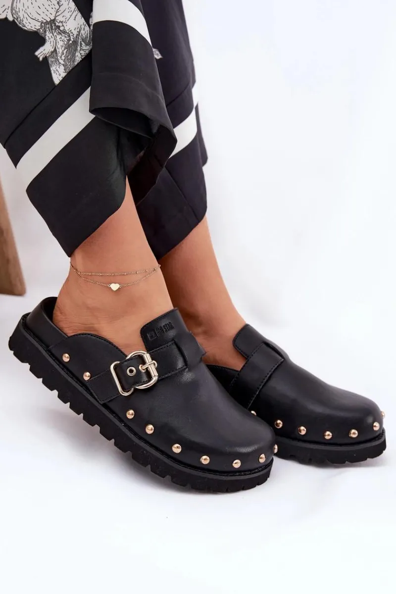 Klapki Damskie Big Star|Klapki Na Platformie>Big Star Shoes Skórzane Klapki Chodaki Damskie Na Platformie Big Star RR274A378 Czarne Czarny