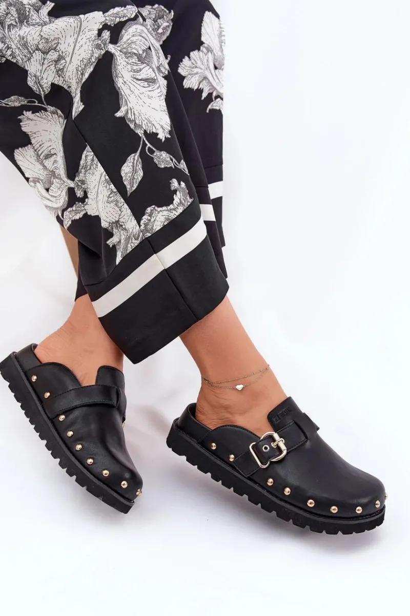 Klapki Damskie Big Star|Klapki Na Platformie>Big Star Shoes Skórzane Klapki Chodaki Damskie Na Platformie Big Star RR274A378 Czarne Czarny