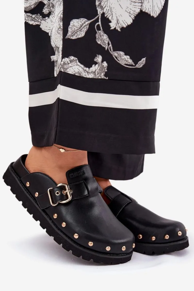 Klapki Damskie Big Star|Klapki Na Platformie>Big Star Shoes Skórzane Klapki Chodaki Damskie Na Platformie Big Star RR274A378 Czarne Czarny