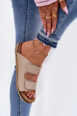 Sale INBLU Skórzane Klapki Damskie AA0005GU Beżowe