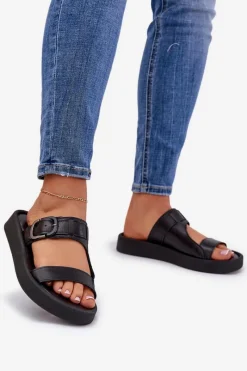 Online Zazoo Skórzane Klapki Damskie Na Platformie 3024 Czarne Czarny