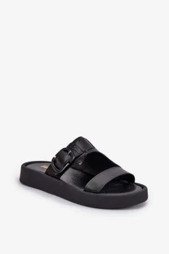 Online Zazoo Skórzane Klapki Damskie Na Platformie 3024 Czarne Czarny