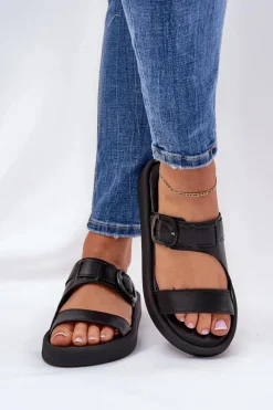 Online Zazoo Skórzane Klapki Damskie Na Platformie 3024 Czarne Czarny