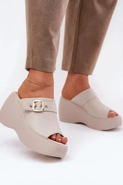 Klapki Na Koturnie|Klapki Na Platformie>Damskie buty S.Barski Skórzane Klapki Damskie Na Platformie I Koturnie Z Klamrą S.Barski LR51-542 Beżowe Beżowy