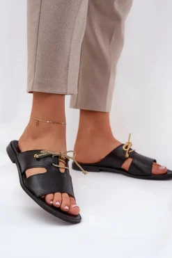 Klapki Damskie Klasyczne>Zazoo Skórzane Klapki Damskie Na Płaskim Obcasie 3022 Czarne Czarny